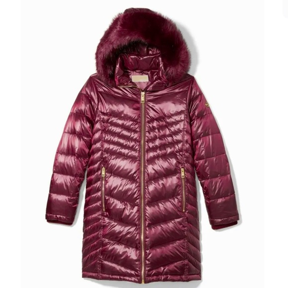 Michael Kors Jackets & Blazers - Michael Kors Chevron Puffer Down Coat Faux Fur Trim Removable Hood Ruby SM NWT